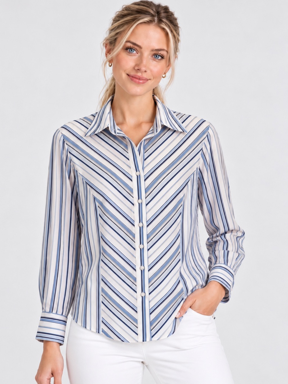 East 5th Blue White Striped Button Down Stretch Blouse Size S